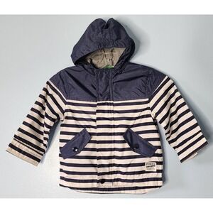 OshKosh B'gosh Kids Navy Blue White Striped Hooded Jacket 12M Pockets Zip EXC